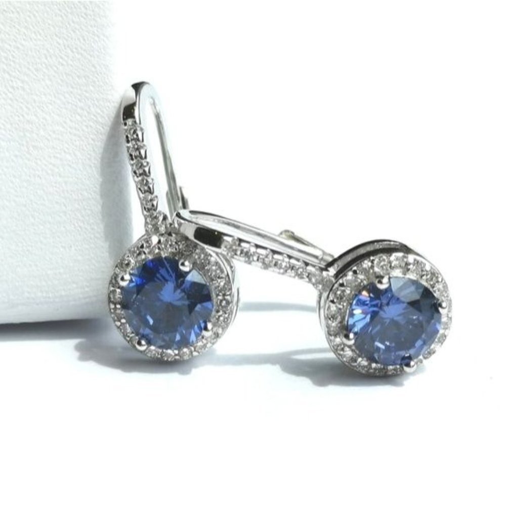 NEW Tanzanite CZ halo drop earrings in Sterling Silver lever back